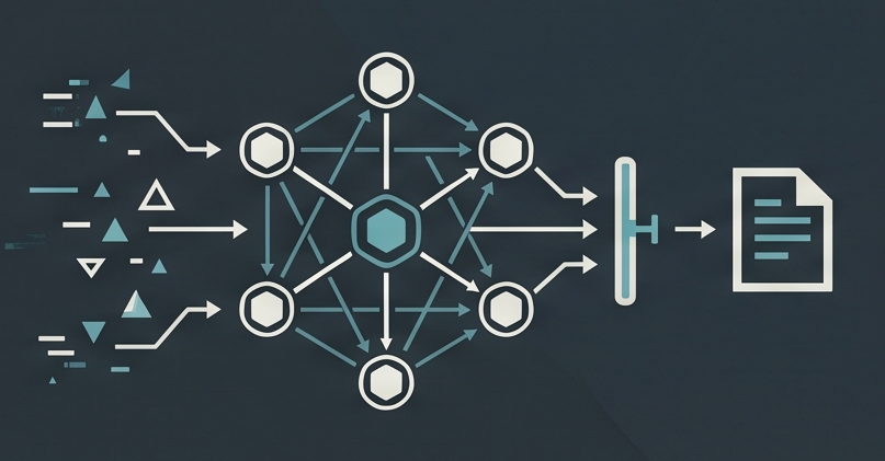 Evidence artifacts flow into a coordinator and specialist network, through a quality gate, and into a structured report.